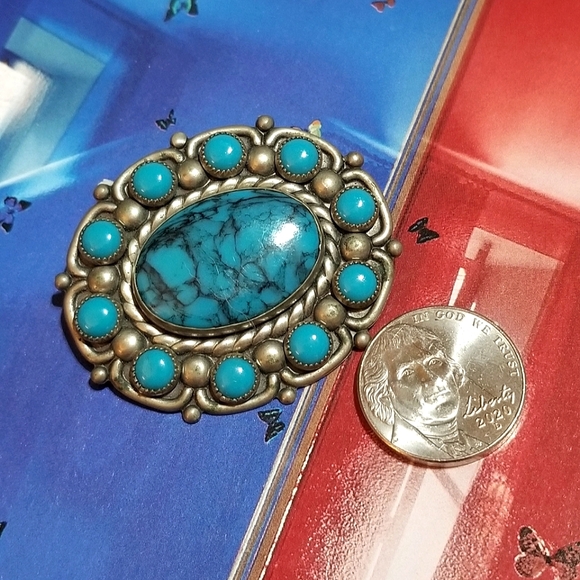 VTG BELL Nickel Silver Turquoise Brooch - Picture 5 of 5